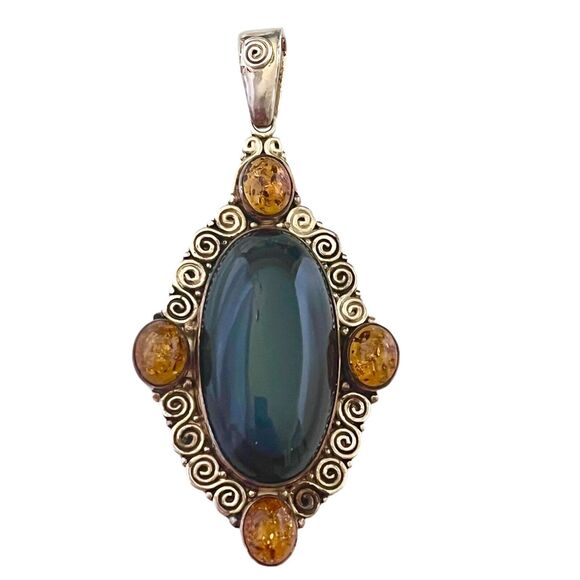 Sajen Pendant 3.5" Sterling Silver Black Eye Rainbow Obsidian Topaz Gemstone Vtg - Picture 7 of 7